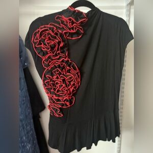 Gracia Black Top with Red Ruffle Rosettes